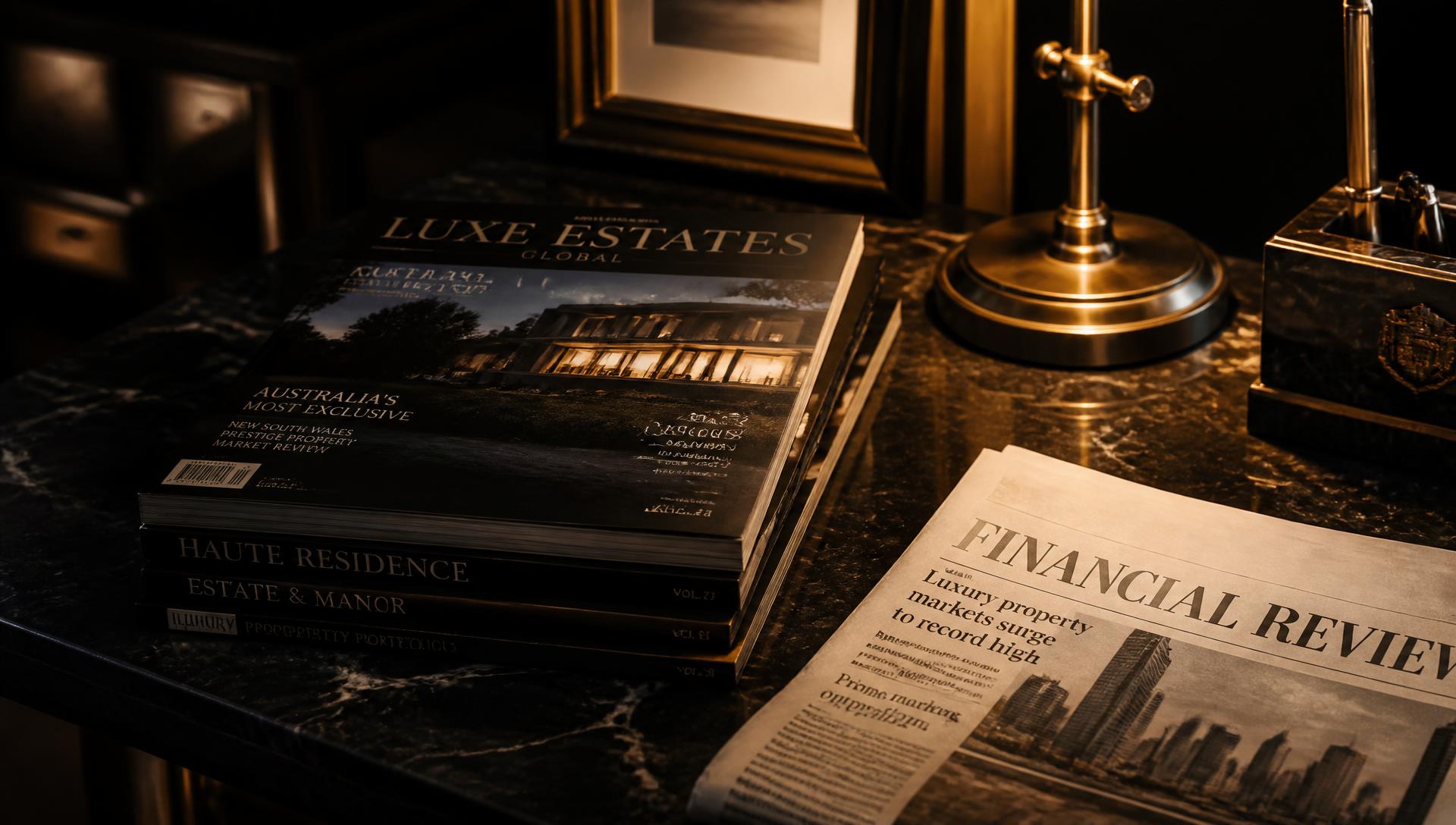 Luxury real estate journals and a newspaper on a dark marble desk