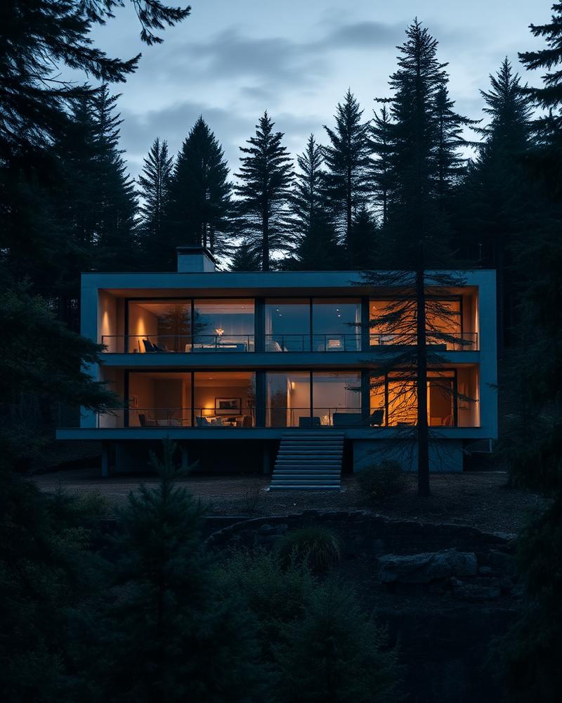Concrete and glass modern estate set among evergreens at dusk