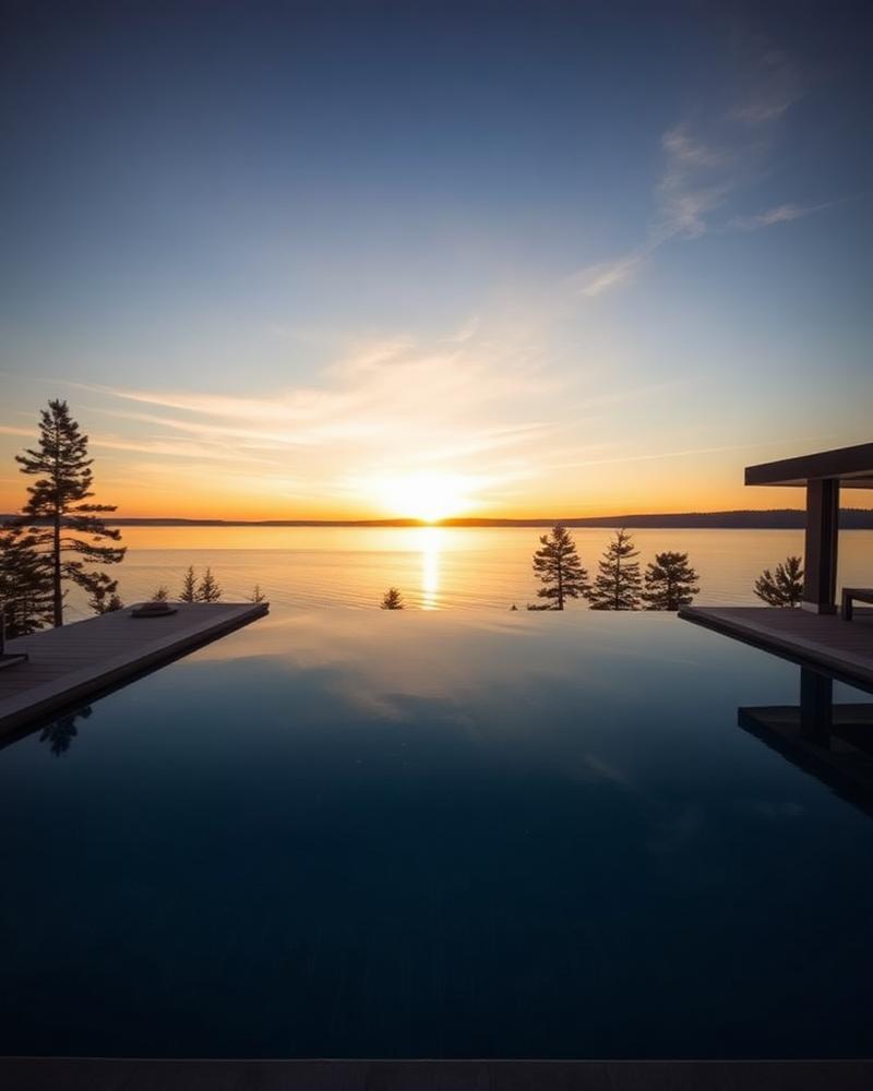 Lakefront residence with an infinity pool overlooking the water at sunset