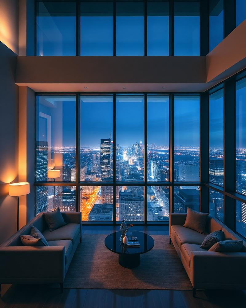 Double-height penthouse living room with city skyline views at night