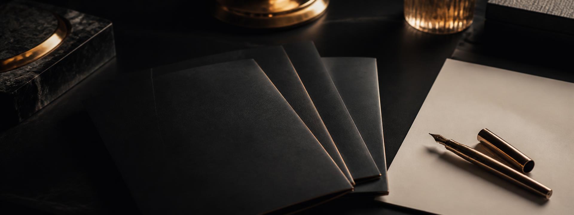 Luxury real estate guides and a gold fountain pen on a dark desk